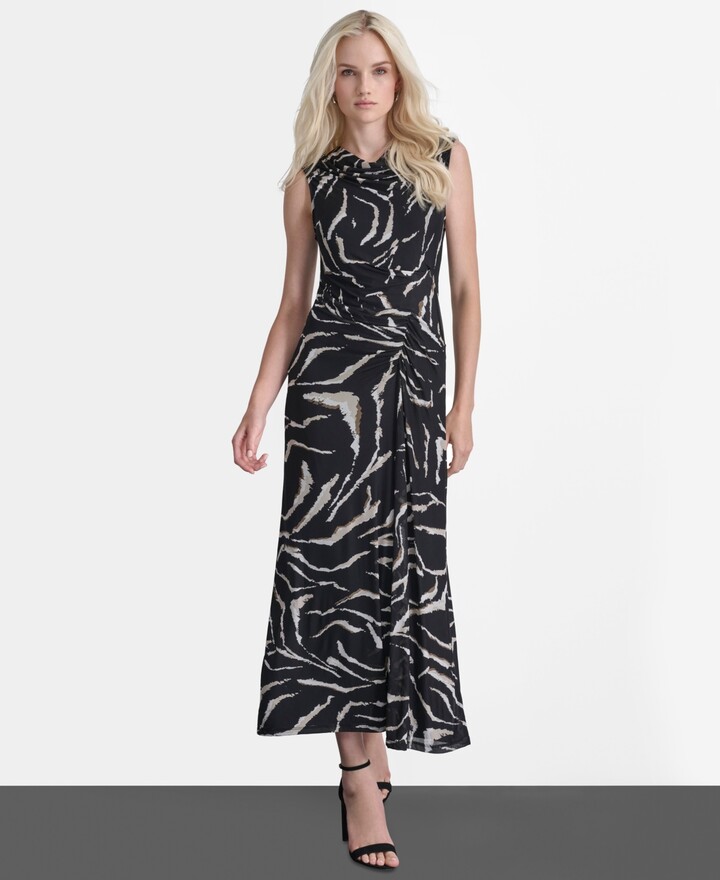 Dkny Women's Sleeveless Cowl Neck Ruched Long Dress - Black/Chino