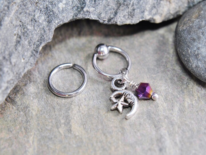 Moon Cartilage Jewelry, Captive Bead Ring Cbr Or Bendable Hoop 316L Stainless Surgical Steel 20G/18G/16G/14G 6mm-19mm Star Purple Charm