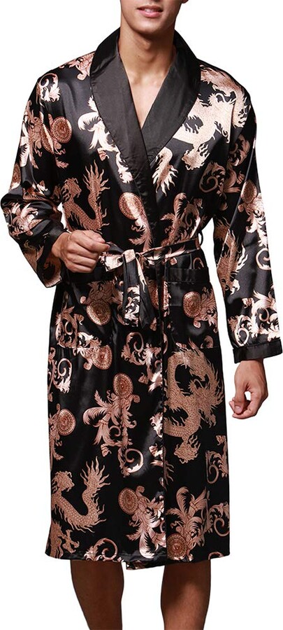 OLIPHEE Mens Floral Lightweight Long Sleeve Loose Silk Dressing Gown Nightwear 