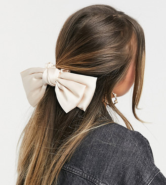 My Accessories London Exclusive oversized bow hair scrunchie in light gold satin
