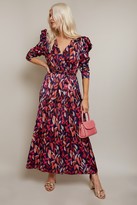 Thumbnail for your product : Little Mistress Fletcher Leaf-Print Satin Pleated Midi Dress