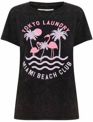 Tokyo Laundry Women's Covetes Tropical Flamingo Print Cotton Crew Neck T-Shirt - Pirate Black - 12