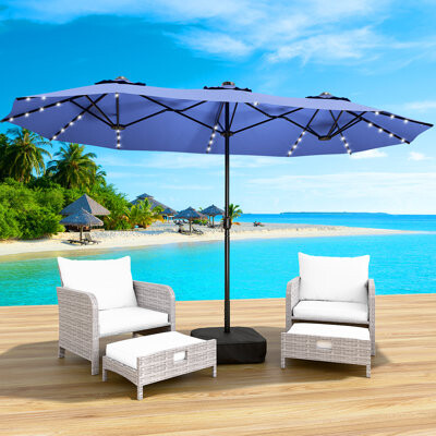 Arlmont & Co. 15Ft Large Double-Sided Patio Umbrella With Base & Solar Led Lights - Upf 50+ Uv Protection Waterproof Fabric For Garden Backyard & Pool