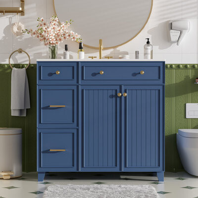CEYUESM Bathroom Vanity with Ceramic Sink, Soft Close Doors, Adjustable Shelves, and Double-Layer Drawers for Small and Medium Bathrooms