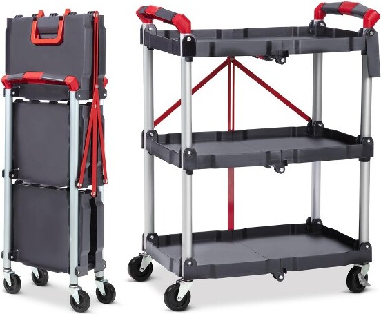 GOCAPTAIN3-TierFoldingUtilityCart,AluminumAlloyPortableHandTruckwithWheels,CollapsibleStorageCartforHomeShoppingLaundry
