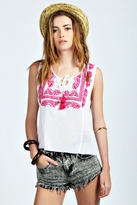 Thumbnail for your product : boohoo Laura Crinkle Cotton Embroidered Tassel Top