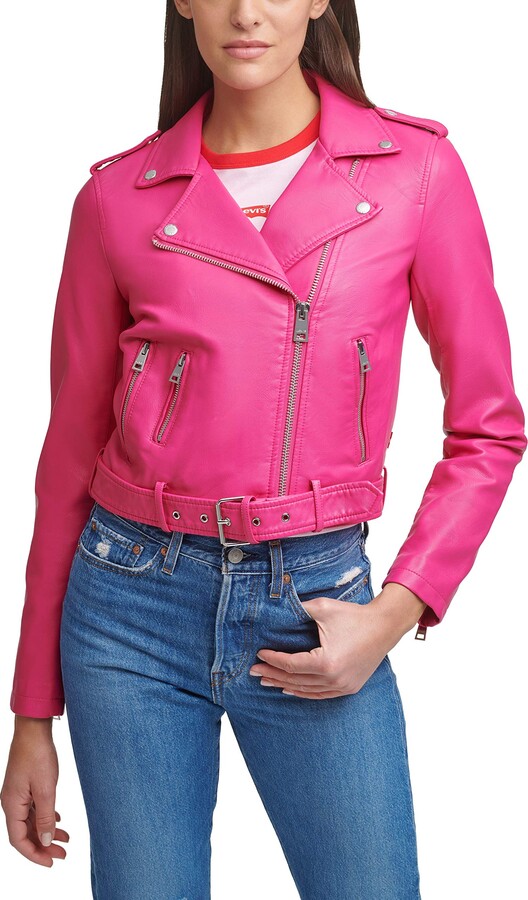 YUNY Womens Vogue Leather Coat Jacket Moto Faux-Leather Coat Jacket Pink S 