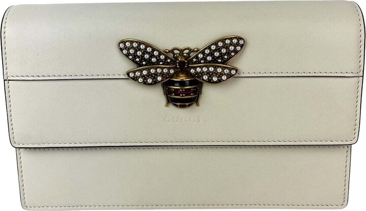 Gucci White Leather Queen Margaret Bee Wallet On A Chain (Authentic Pre-Loved)