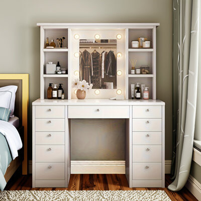 EvoNet White Led Lighted Vanity Desk With 11 Drawers & 3 Lighting Modes - Extra Large Storage Dressing Table