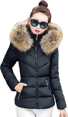 WanYangg Womens Ladies Cotton-Padded Jackets Quilted Winter Coat Puffer Fur  Collar Hooded Casual Down Jacket Warm Parka Size Zip Pockets Short Down  Coats 4# Black M - ShopStyle