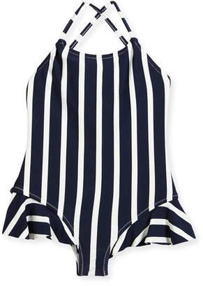 Milly Minis Striped One-Piece Swimsuit w/ Ruffle Trim, Size 8-14