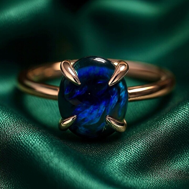 Etsy 8K Solid Gold Ring With Cabochon Cut Lab-Created Blue Opal - Minimalist Handmade Jewelry Jewelry Gift