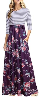 BIUBIU Women's Striped Floral 3/4 Sleeve Tie Waist Long Maxi Dress with Pockets S