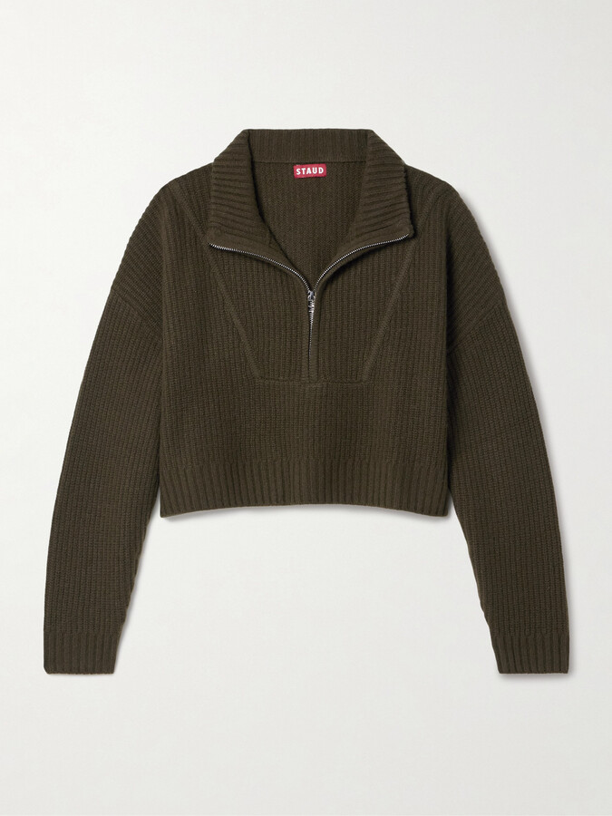 STAUD Hampton Cropped Ribbed Cashmere Sweater - Green