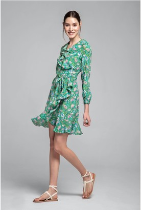 Rumour London Abby Ruffled Silk Wrap Dress In Green Floral Print
