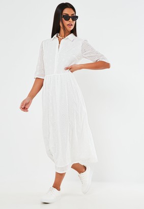 Missguided White Broderie Anglaise Smock Shirt Midi Dress