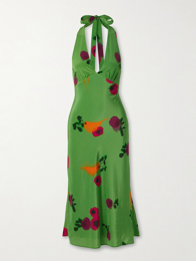 STAUD Lucca Printed Silk-crepe Halterneck Midi Dress - Green