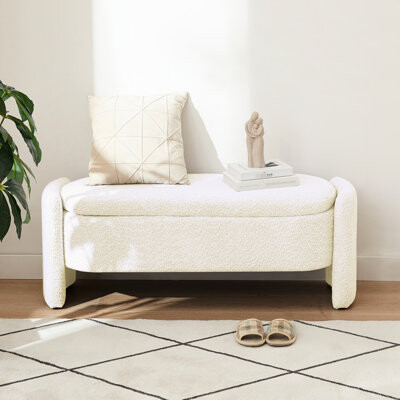 Cream White Storage Bench - 3d Lamb Fleece For Living Room, Entryway, Bedroom Substantial Interior Fabric White, Provides Plentiful