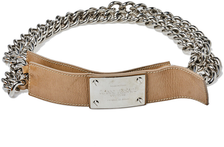 Versace Beige Patent Leather and Chain Logo Plaque Belt 85CM