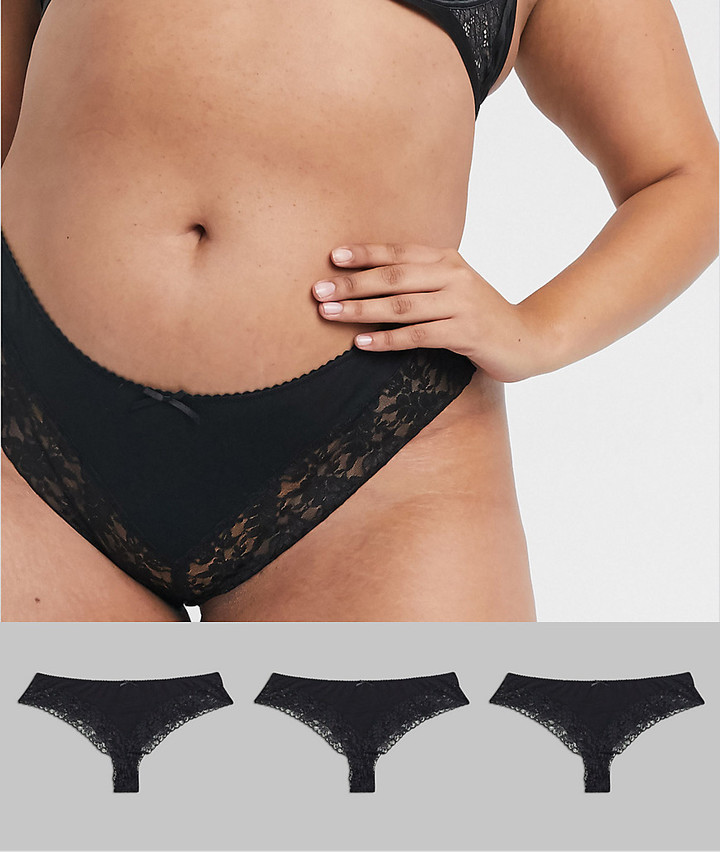 ASOS Curve ASOS DESIGN Curve Nina sheer floral lace thong with picot trim  in black - ShopStyle