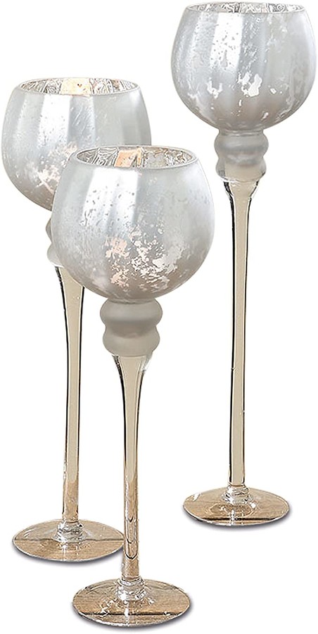 Whole House Worlds The Spectacular Cape Cod Long Stem Candle Holders, Set of 3, White, Silver, Glass, Rippled, 18 1/2, 16 1/2, and 15 Inches T, for Tealight or Votive or Ball Candles