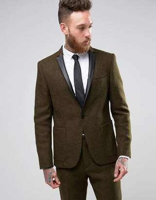 ASOS DESIGN Slim Blazer In Khaki Harris Tweed 100% Wool with Real Leather Lapel