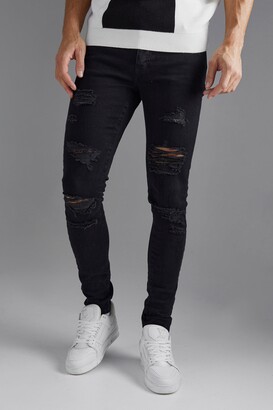boohoo Mens Black Tall Skinny Stretch All Over Rip Jeans - ShopStyle