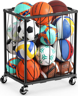 Latitude Run 12-15 Ball Large-Capacity Rolling Garage Ball Rack with Elastic Rope - Easy-Access Sports Equipment Cart for Home & Outdoor Use