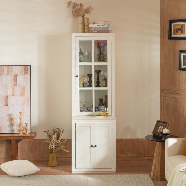 MOEPISY75.25inchTallFreestandingPantryCabinetwithGlassDoor&LatticeWindow,FarmhouseDisplayCabinetswithStorage,White