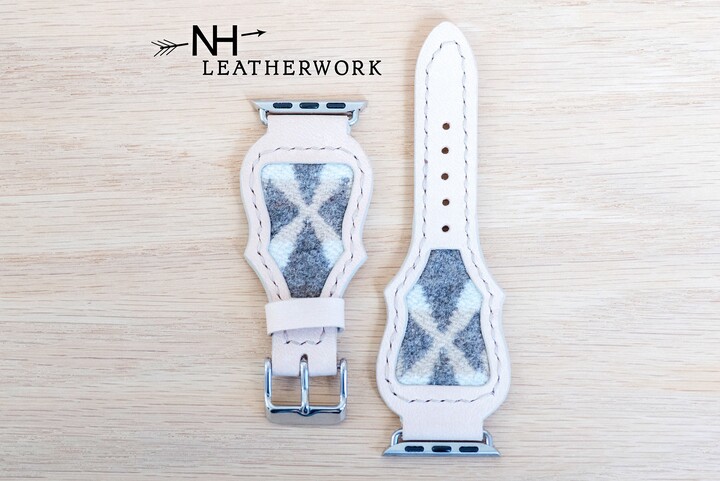 Leather Watch Band Southwestern Wool Cross Inlay Hermann Oak For Apple 38mm 40mm 41mm 42mm 44mm 45mm 46mm 49mm, Samsung Galaxy, Ultra 47
