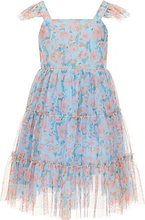 Popatu Little Girls Floral Print Square Neck Flutter Sleeve Chiffon Dress