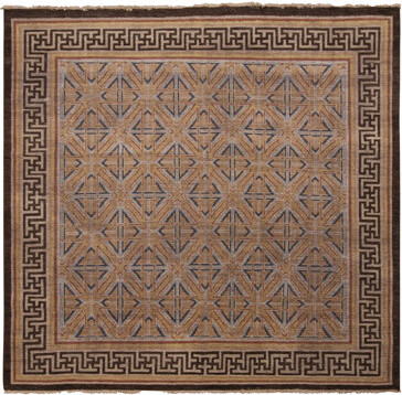 Rug & Kilim's Burano Brown And Blue Wool Square Rug With Bold Black Border