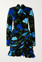 Thumbnail for your product : Richard Quinn Draped Ruffled Floral-print Velvet Mini Dress - Black