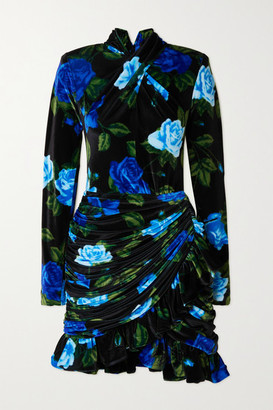 Richard Quinn Draped Ruffled Floral-print Velvet Mini Dress - Black