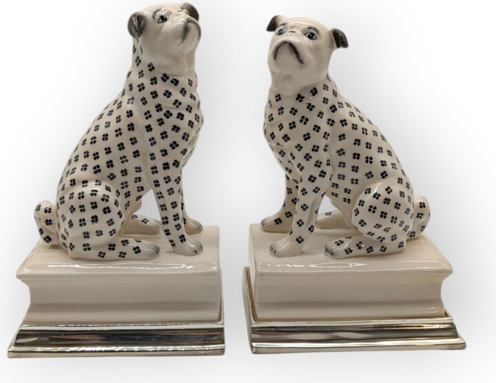 Fable and Mirth White / Silver Hand-Painted Porcelain And Silver Plated Dog Bookends