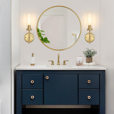 Mercer41 Modern Brushed Gold Wall Sconces Set Of 2 With Clear Glass Shades Hardwired Bathroom Vanity Lights For Mirror Dimmable Indoor Wall Lamps For Bedroo