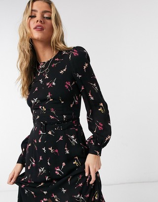 French Connection drape belted floral midaxi dress in black