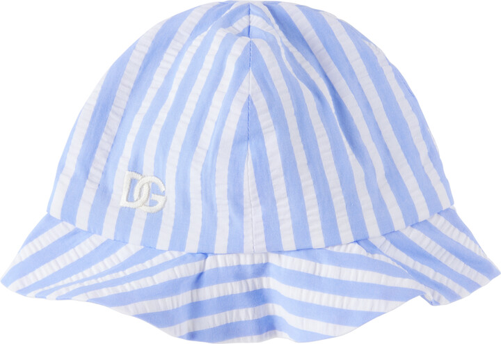 Dolce&Gabbana Baby White & Blue DG Logo Striped Seersucker Bucket Hat