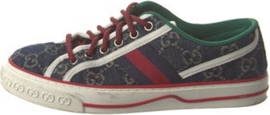 Gucci Denim Low Top Sneakers Blue & Red GG Denim & Sylvie Web Accent Round-Toes with Grosgrain Trim Lace-Up Closure at Uppers Designer