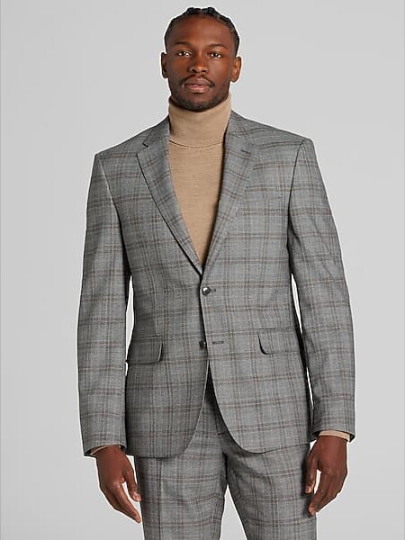 Joseph Abboud Classic Fit Plaid Men's Suit Grey Plaid With Camel