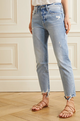 Frame Le Original Distressed High-rise Straight-leg Jeans - Light blue