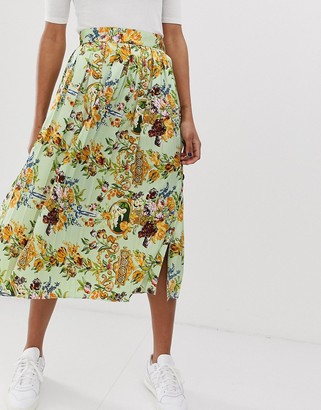 ASOS Design DESIGN pleated midi skirt with buttons in scarf print