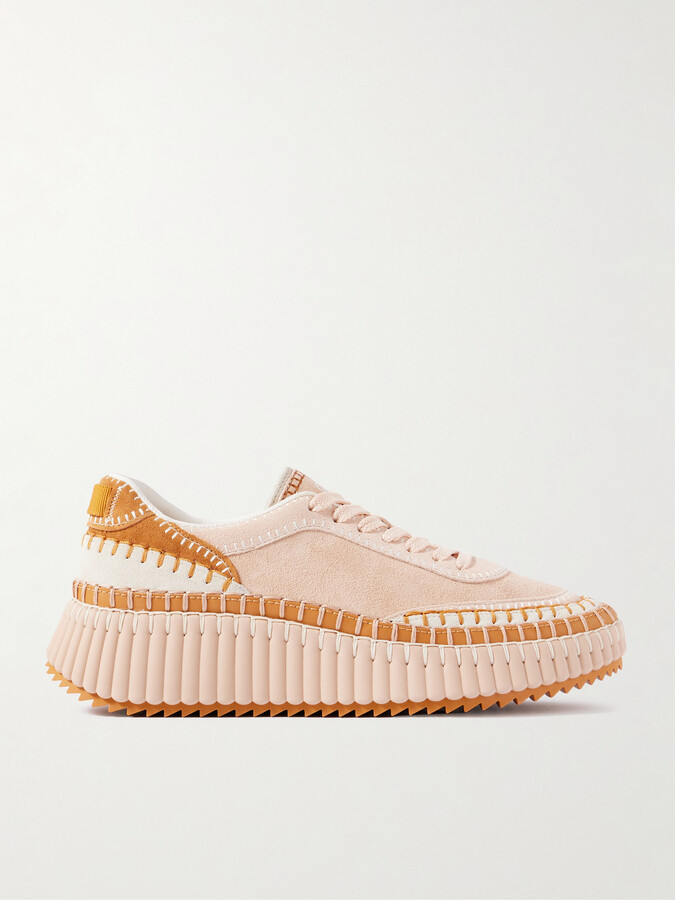 Chloé Nama Embroidered Leather-trimmed Suede Platform Sneakers - Pink