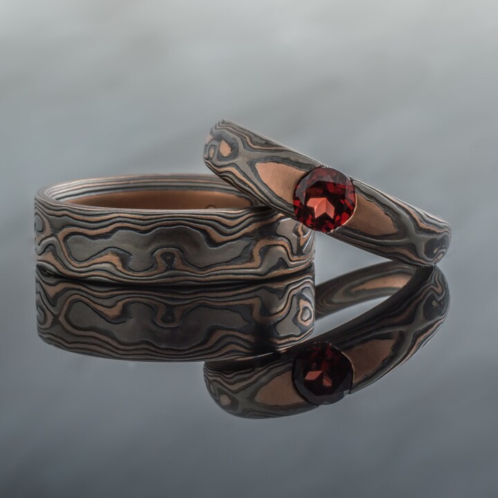 Etsy Vintage Feeling Mokume Gane Ring Wedding Set With Red Gold & Garnet