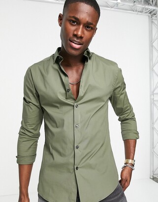 New Look long sleeve muscle fit poplin shirt in khaki - ShopStyle