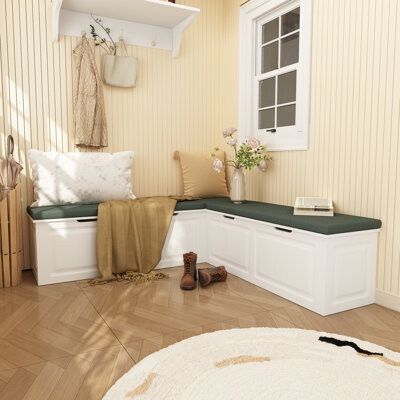 Entryway L-Shaped Shoe Bench With Storage Space And Upholstery
