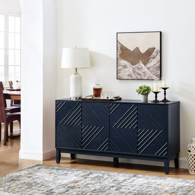 Mercer41 60.5'' Buffet Cabinet With Storage, Farmhouse Fluted Sideboard With Geometric Pattern & Adjustable Shelves, Mid Century Modern TV Stand For Living Roo