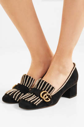 Gucci Marmont Fringed Logo And Crystal-embellished Suede Pumps