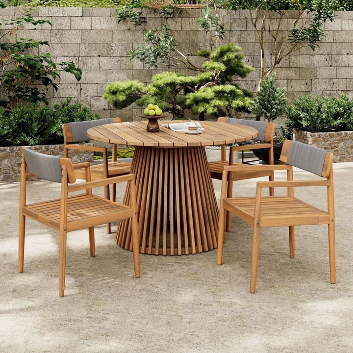 Tenleaf 5-Piece Brown Acacia Wood Outdoor Dining Set with Gray Rope