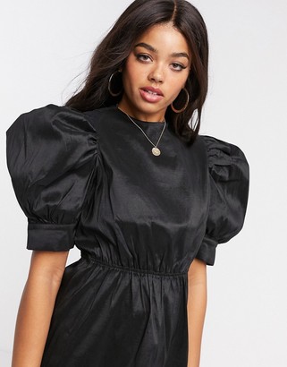 Girl In Mind sateen puff-sleeved mini shift dress in black